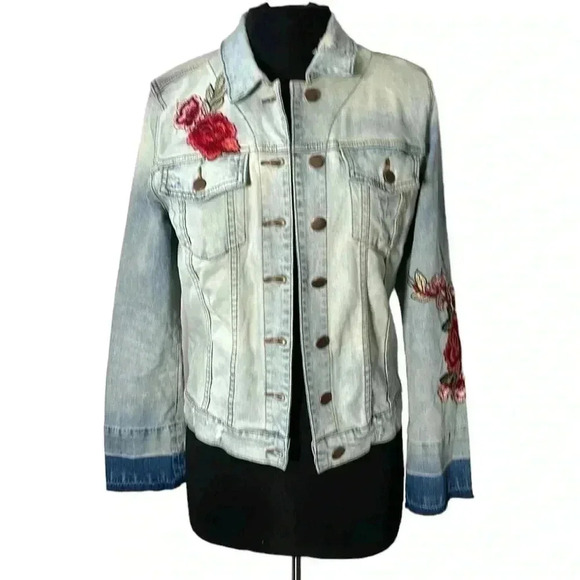 Kut from the Kloth Roses Flowers Patch Raw Hem Distressed Denim Jacket Size M - Picture 1 of 7